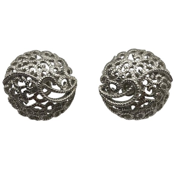 Vintage Trifani Silver Tone Elaborate Etched Swirl Clip On Earrings‎ Elegant - Picture 1 of 4